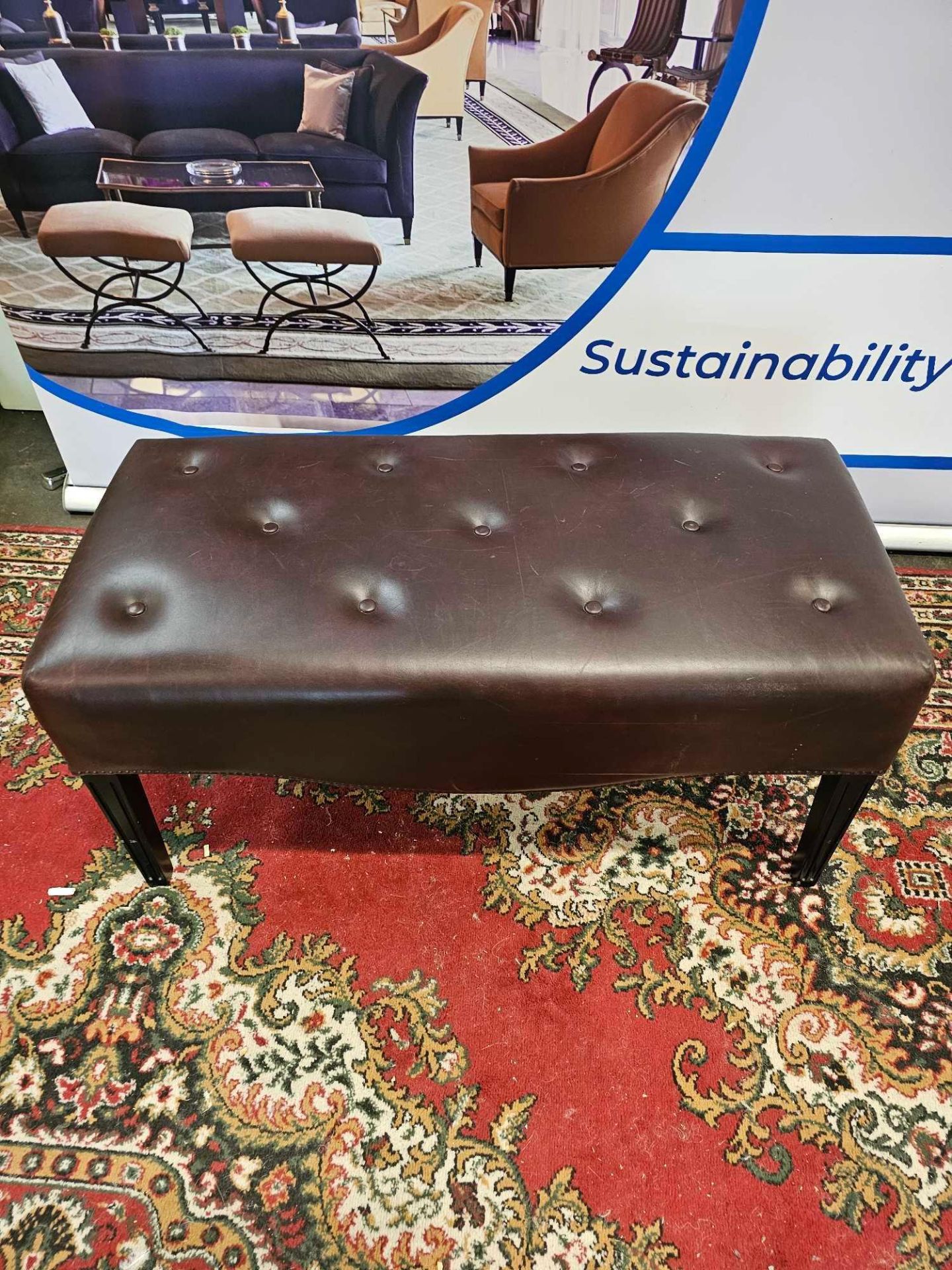 A Tufted Leather Dressing Bench On Hardwood Frame With Scroll Apron In Antique Brown Leather 100 x