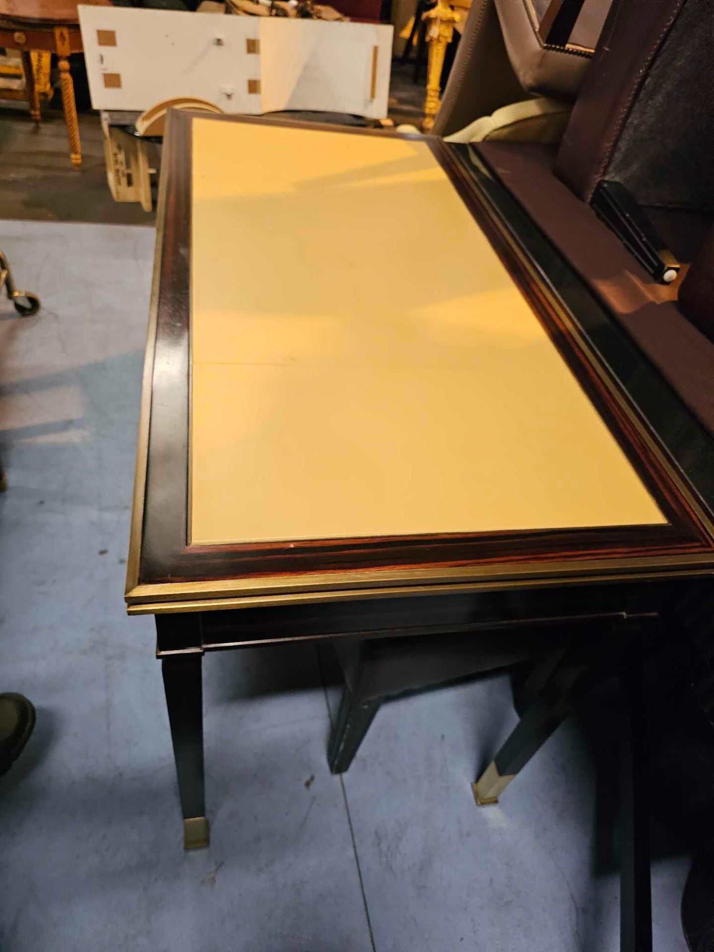 Writing Desk High Gloss Ebony Wood With Tooled Leather Inlay Faux Central Drawer Flanked By Single - Image 2 of 4