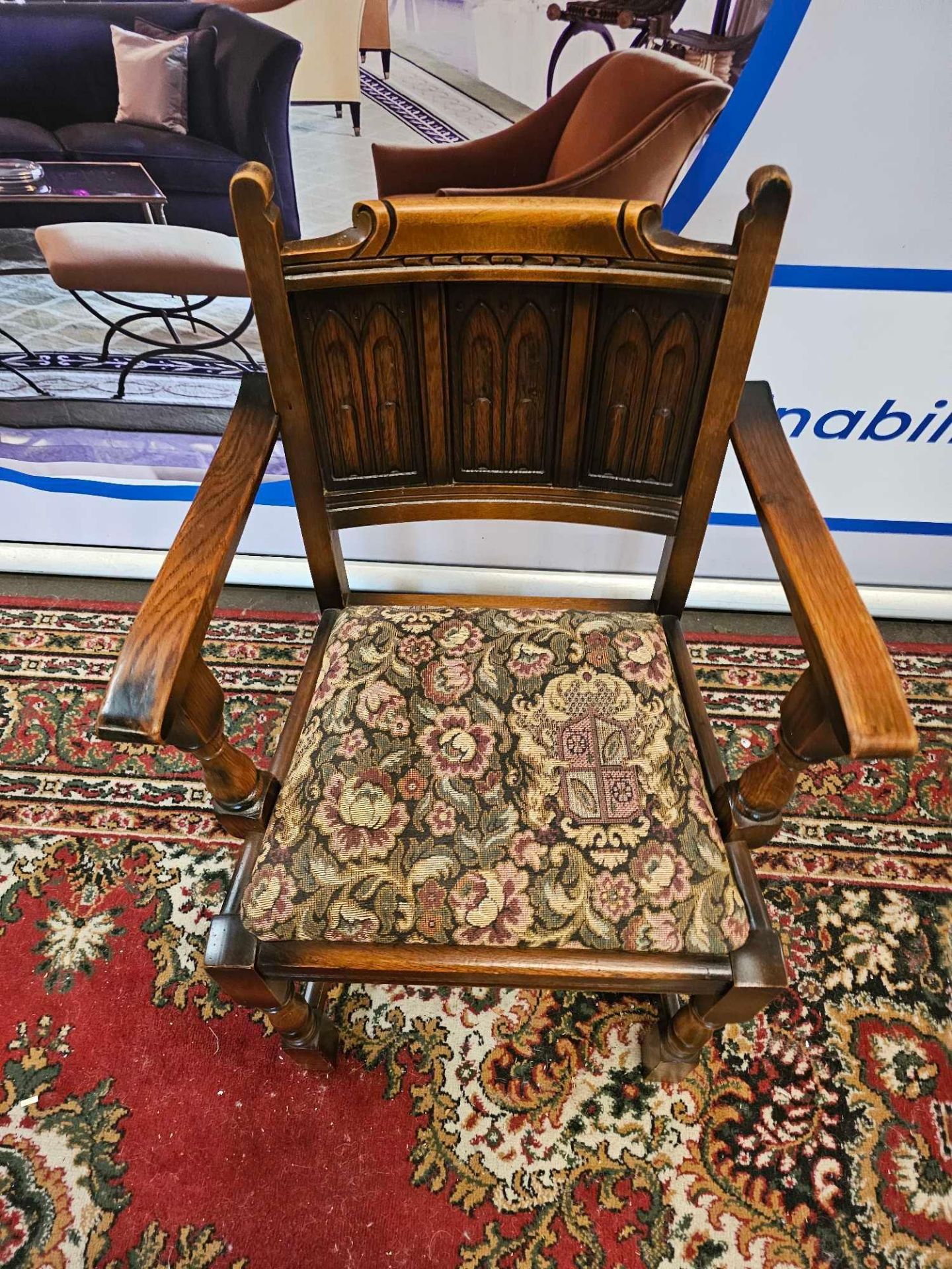 A Pair Of Oak Armchairs The Panelled Carved Back Below A Decorative Top Rail With A Tapestry - Image 2 of 6
