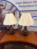 Chelsom Lighting A Pair Of Chelsom Brown Ceramic Table Lamps On A Black Base With Cream Shades 66cm