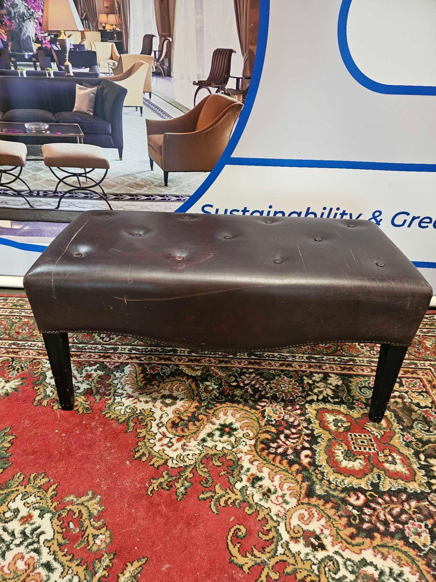 A Tufted Leather Dressing Bench On Hardwood Frame With Scroll Apron In Antique Brown Leather 100 x - Image 2 of 4