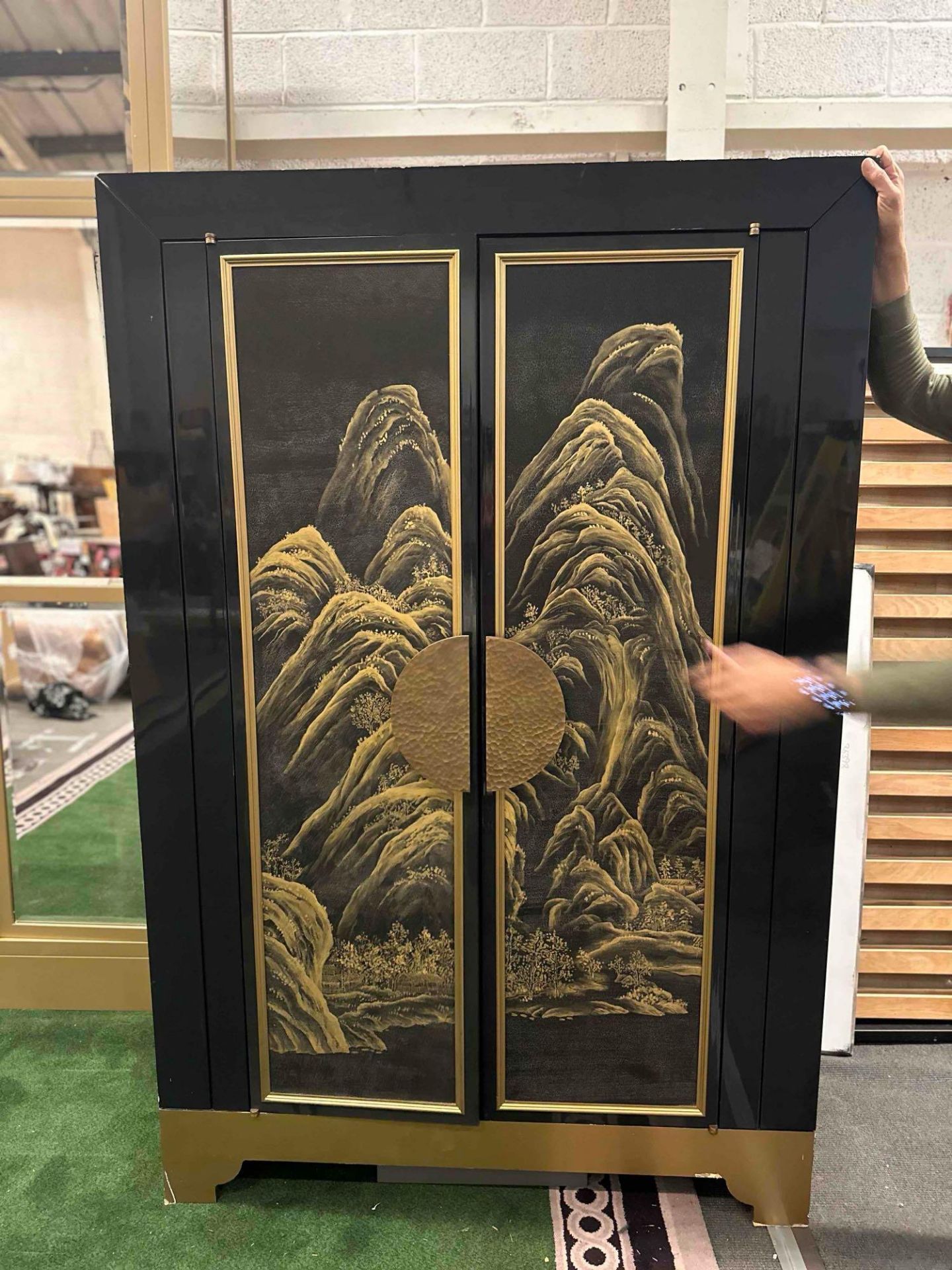 Black And Gold Cocktail Cabinet With Mirrored Back Drawers And Mini Bar Fridge Door, Glass And - Image 5 of 10