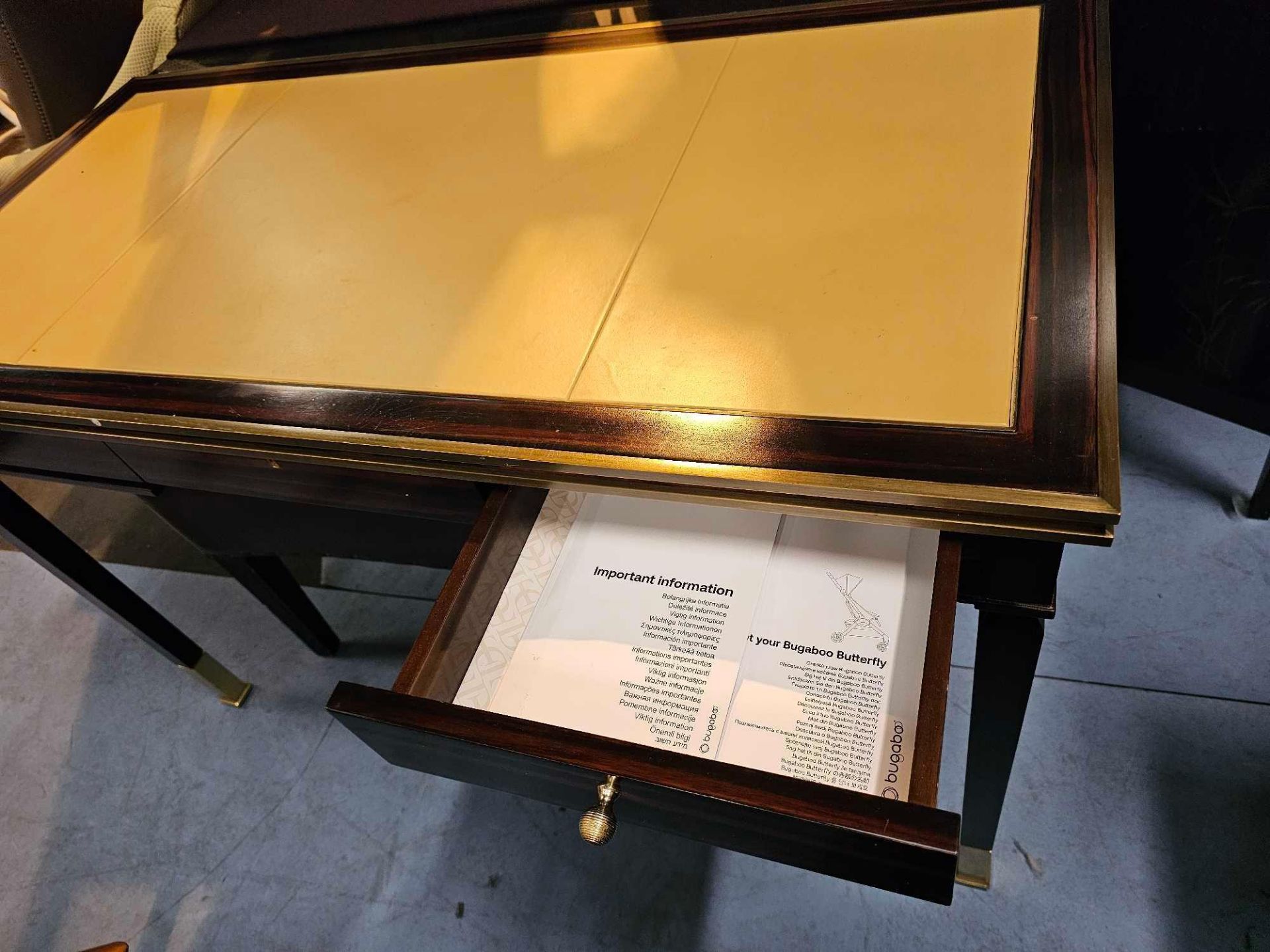 Writing Desk High Gloss Ebony Wood With Tooled Leather Inlay Faux Central Drawer Flanked By Single - Image 3 of 4