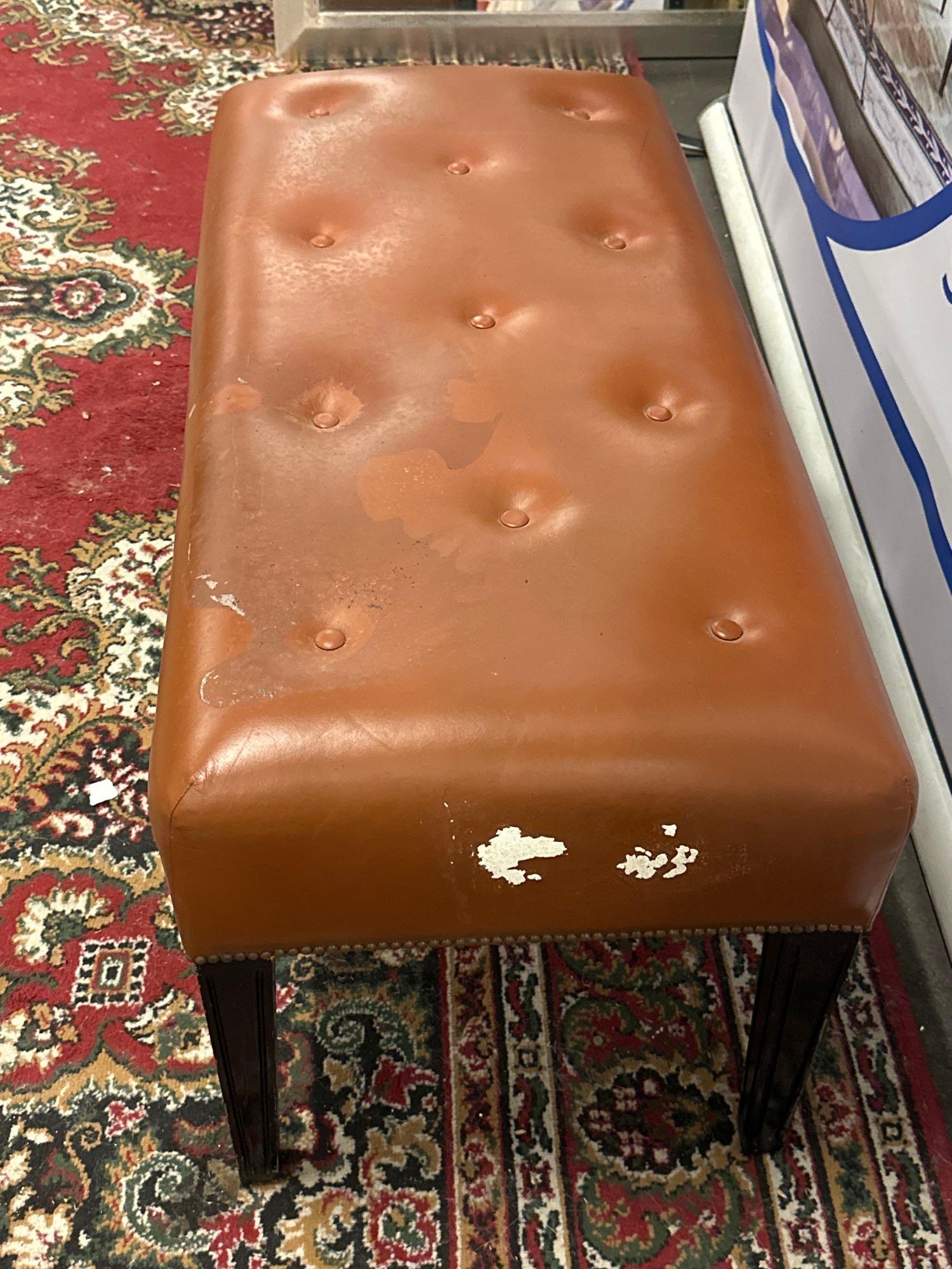 A Tufted Leather Dressing Bench On Hardwood Frame With Scroll Apron In Antique Tan Leather 100 x - Image 2 of 5