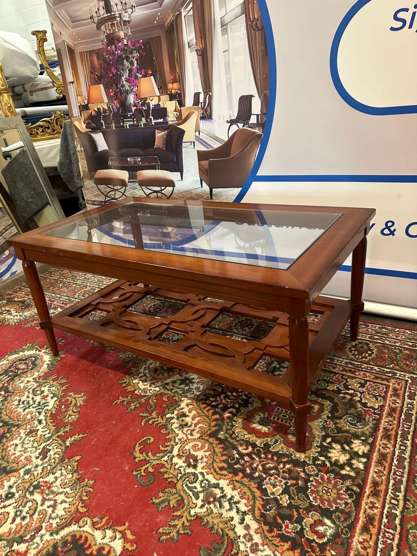 Walnut Carved Coffee Table With Glass Top Bespoke For The Mandarin Oriental Hotel London 120 x 70 - Image 3 of 4