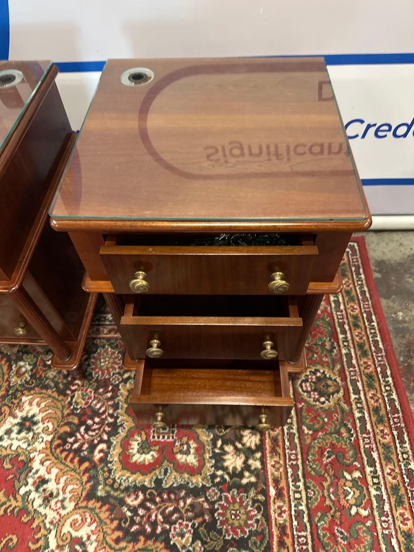 A Pair Of Walnut Three Drawer Bedside Cabinets With Glass Top, Brass Drawer Pulls Bespoke For The - Image 6 of 7