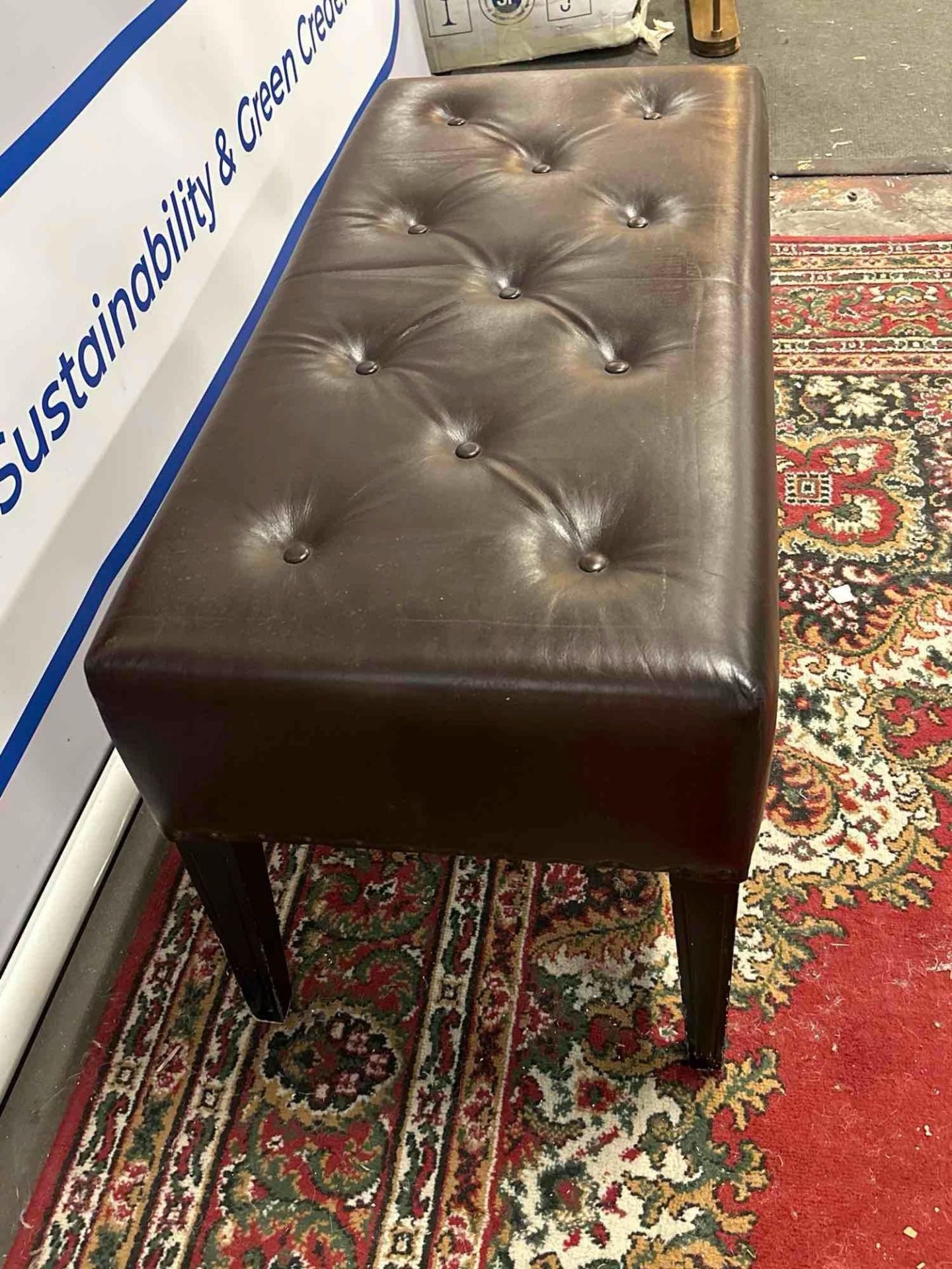 A Tufted Leather Dressing Bench On Hardwood Frame With Scroll Apron In Antique Brown Leather 100 x - Image 4 of 4