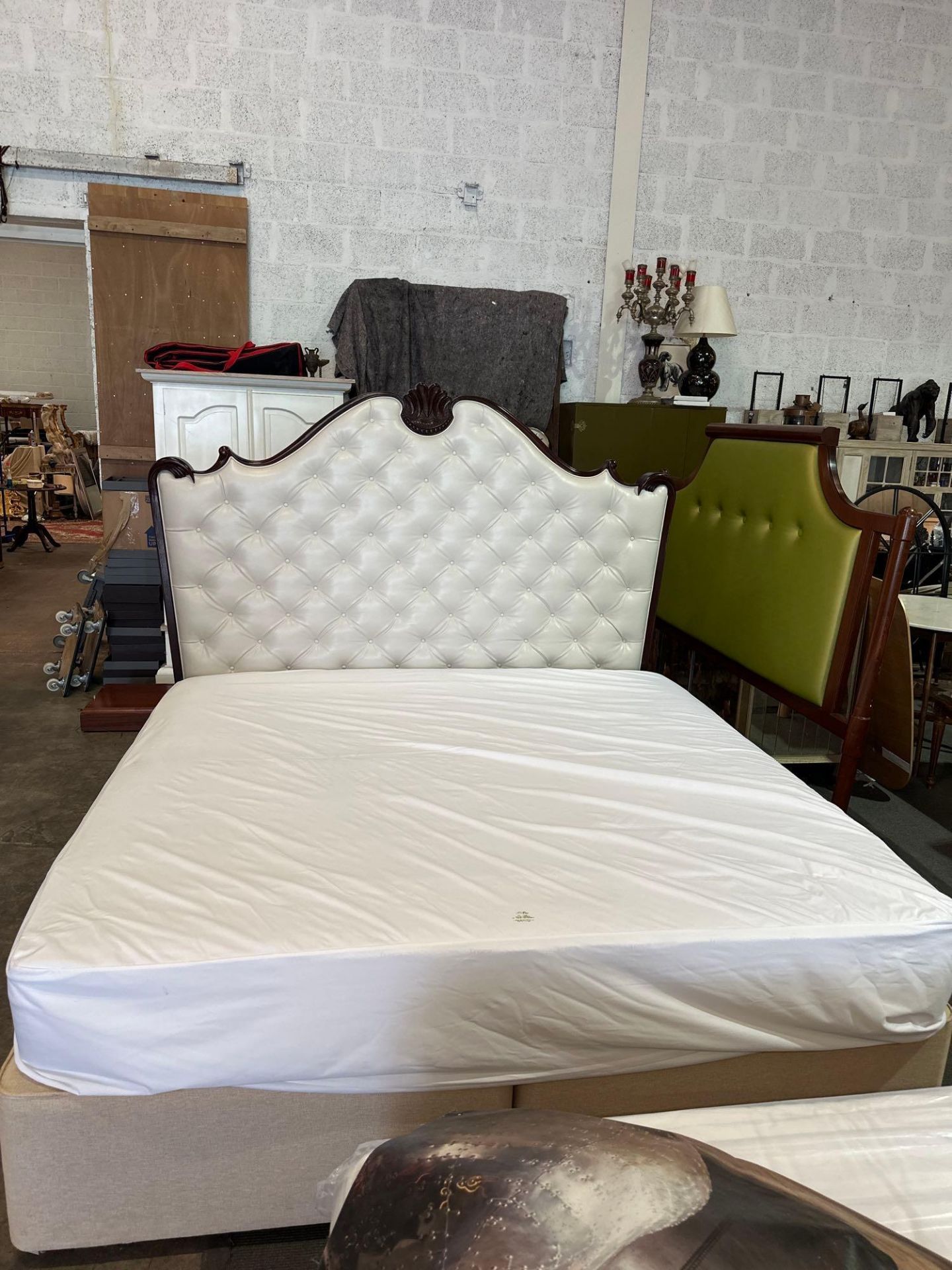 Diven Bed Set Comprising Of Divan Bases With Leather Buttoned Walnut Framed Headboard And A Treca