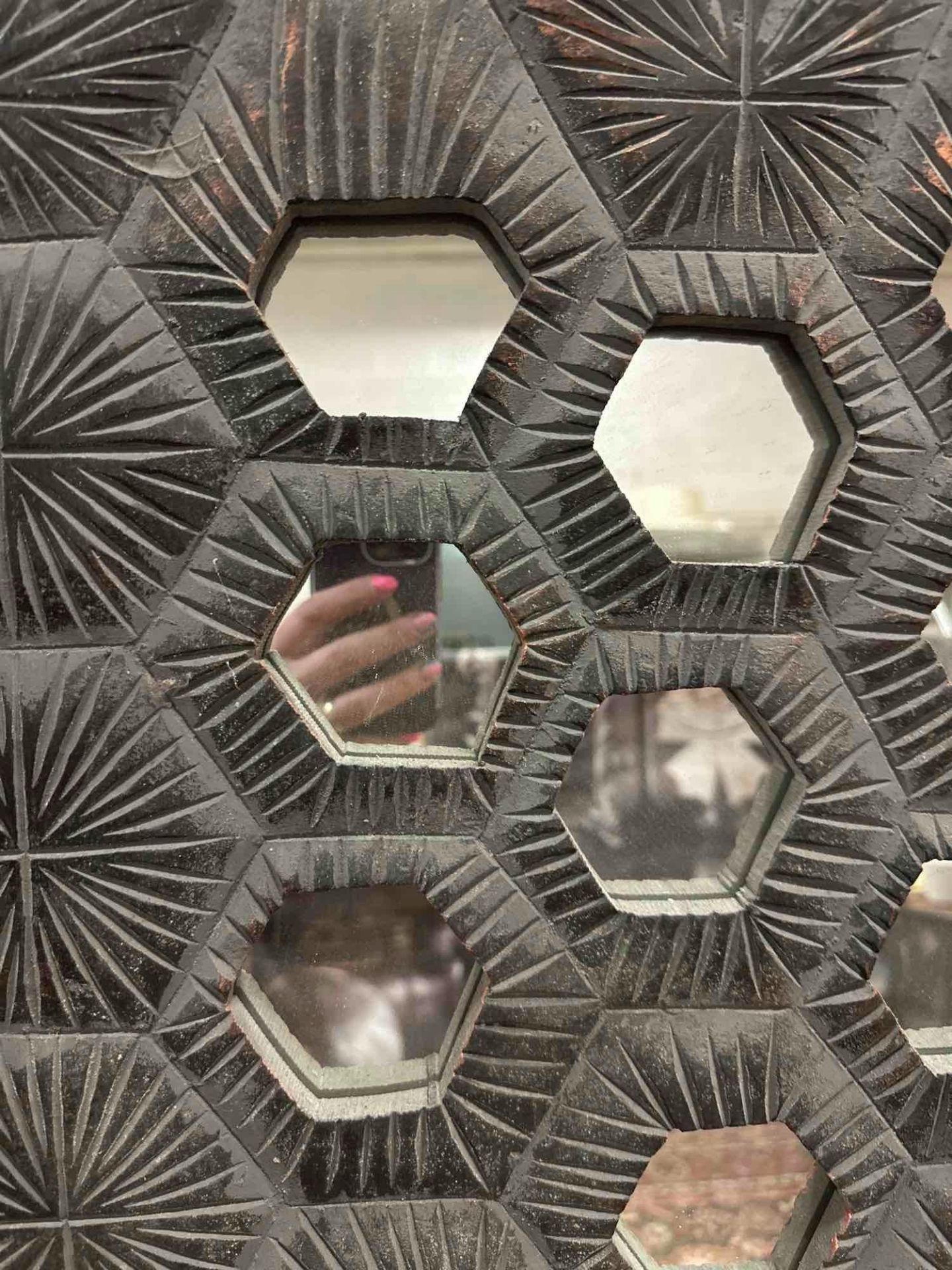 Baliya Square Black Mirror Unusual Mirror With A Honeycomb-Style Hexagonal Design And An Eastern - Image 2 of 2