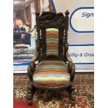 A Significantly Carved Vintage Armchair Reupholstered In A Vibrant Colour Way Fabolusly Carved