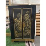Black And Gold Cocktail Cabinet With Mirrored Back Drawers And Mini Bar Fridge Door, Glass And