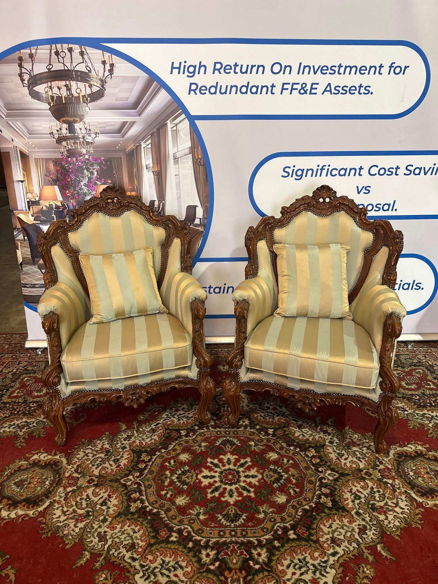 Pair Italian Rococo Style Carved Walnut Finish Wingback Armchairs, Pierced Cartouche Pediment With