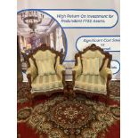 Pair Italian Rococo Style Carved Walnut Finish Wingback Armchairs, Pierced Cartouche Pediment With