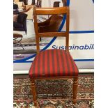 A Set Of 5 x Walnut Dining Chairs Upholstered In A Regency Stripe Fabric The Top Rail Supported By