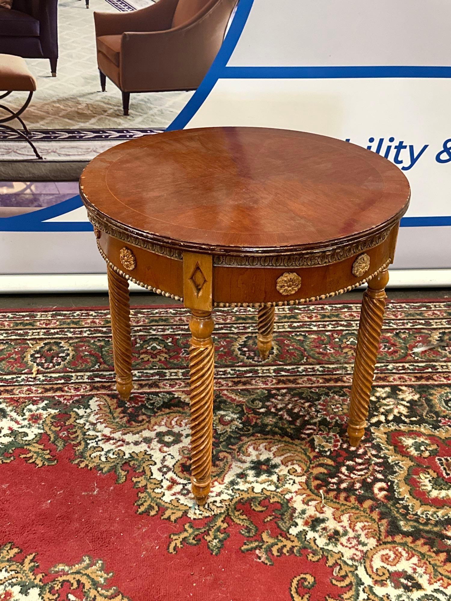 Circular Side Table With Carved Detailing To Apron Raised On Barley Twist Legs 60 x 56cm