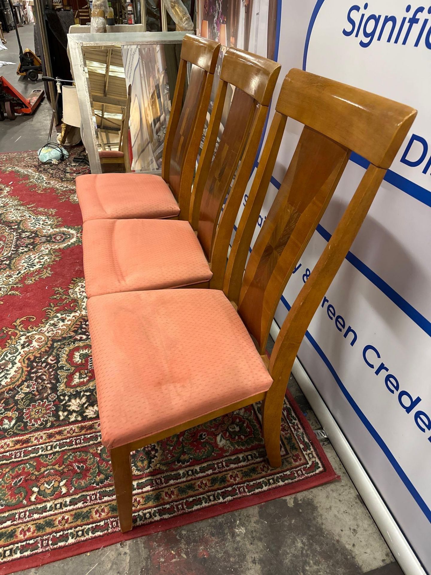 A Set Of 3 x Walnut Framed Dining Chairs Burled Mid Century Design 54 x 48 x 103cm - Image 3 of 5