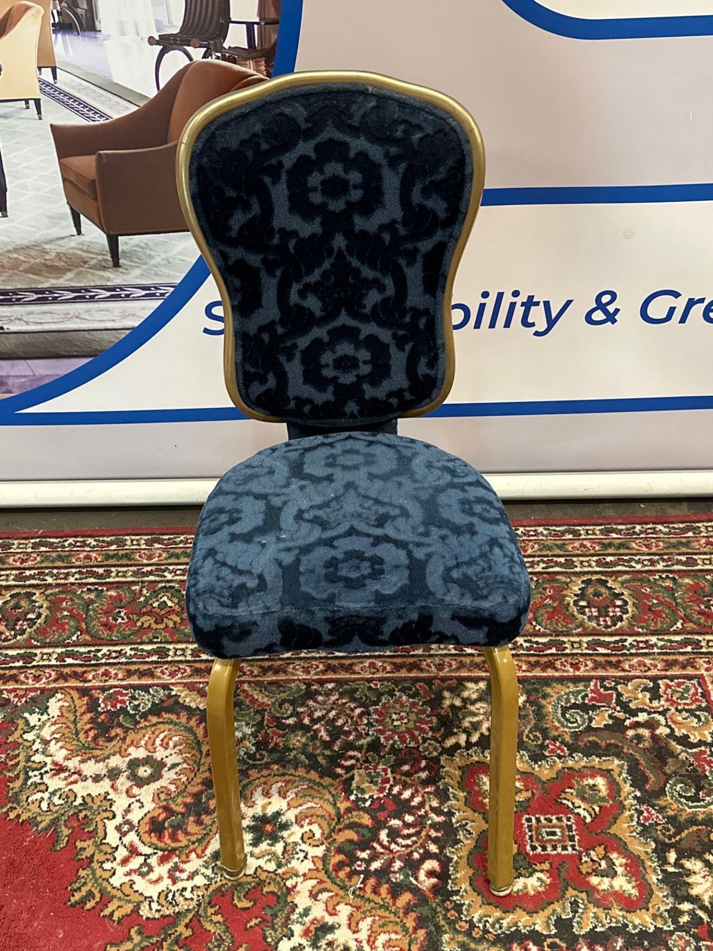23 x Gasser USA Premium Stacking Banquet Chairs Gold Frame Upholstered In Blue Damask Gasser's