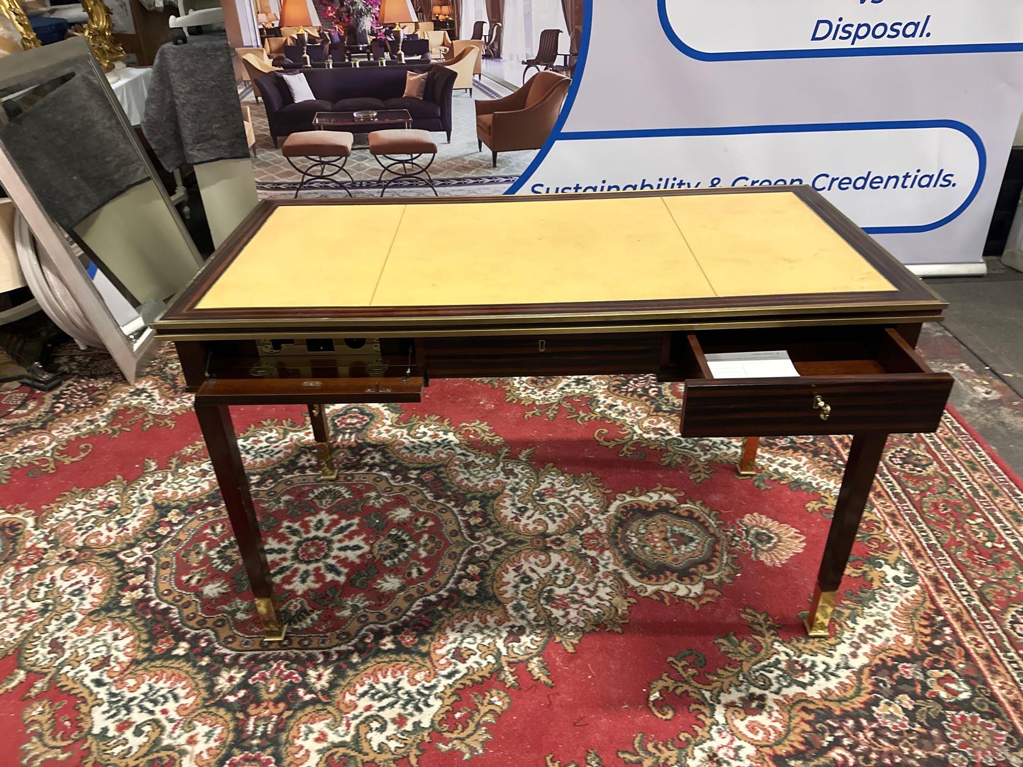 Writing Desk High Gloss Ebony Wood With Tooled Leather Inlay Faux Central Drawer Flanked By Single - Image 2 of 4