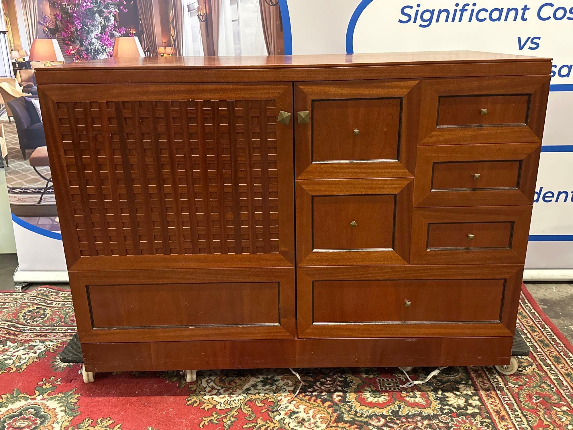 Wooden Carved Minibar Cabinet With Brass Detailing, Pull Out Soft Close Shelves, Drawers And Minibus