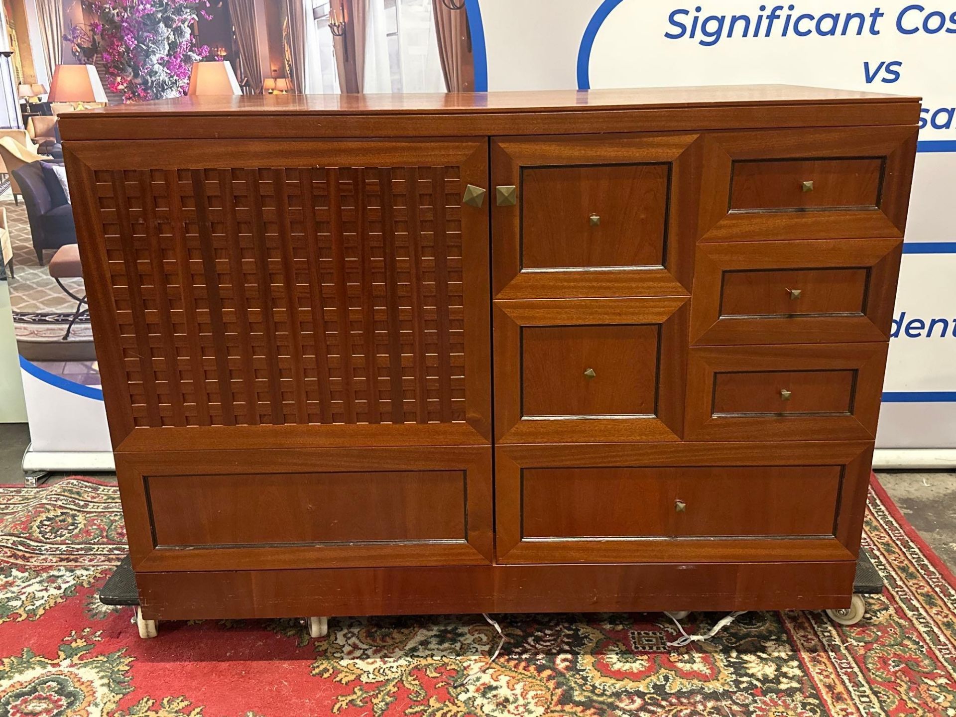 Wooden Carved Minibar Cabinet With Brass Detailing, Pull Out Soft Close Shelves, Drawers And Minibus