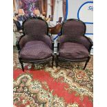 A Pair Of French Bergere Chairs, Louis XV-Style With A Polished Ebony Black Frame And Upholstered In