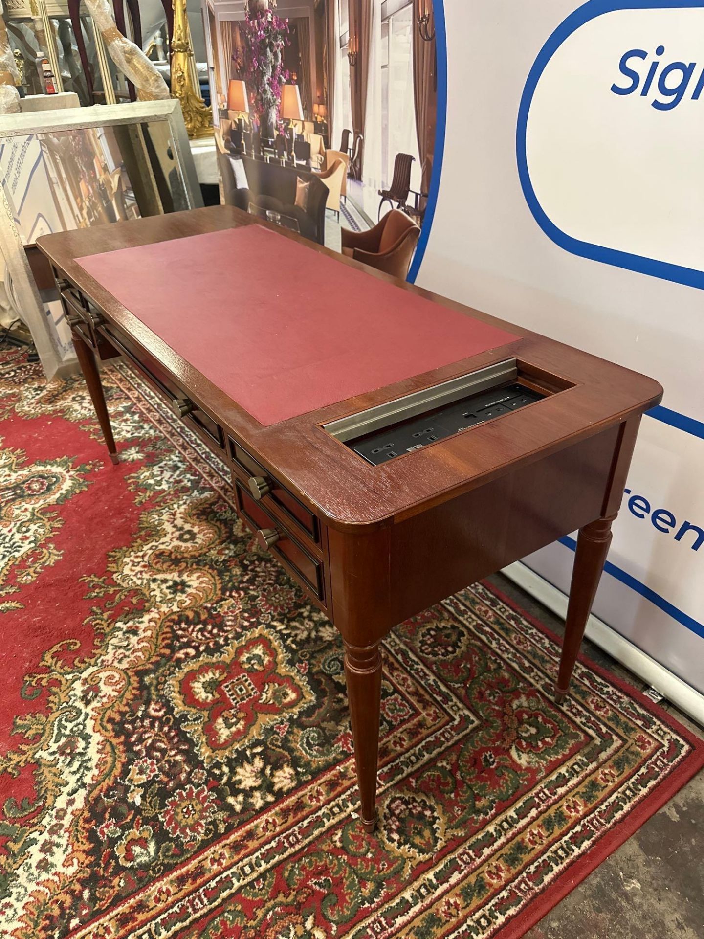 Bespoke For Mandarin Oriental London Writing Desk On Tapering Legs With Red Leather Inlay, 3 Lined - Image 4 of 4