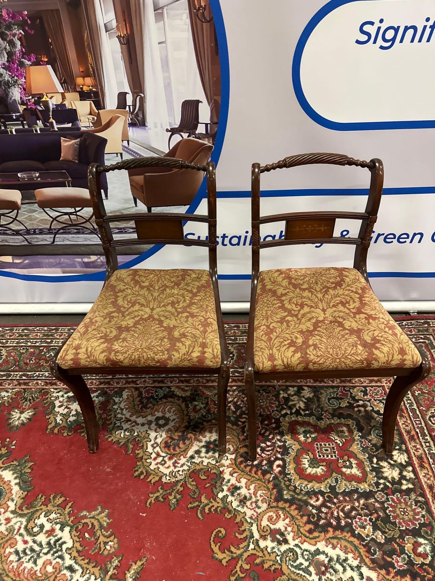 A Pair Of Regency Style Dining Chairs With Rope Twist And Turned Top Rails And Inlay Back Rest On
