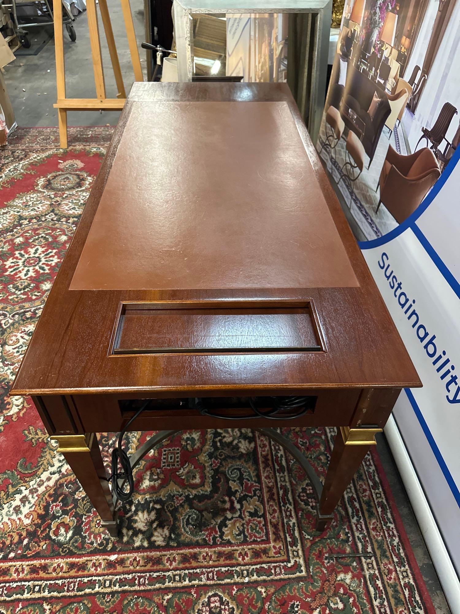 Writing Table With Leather Inlay, Soft Close Drawer On Tapering Legs And Brass Stretcher And - Image 8 of 8