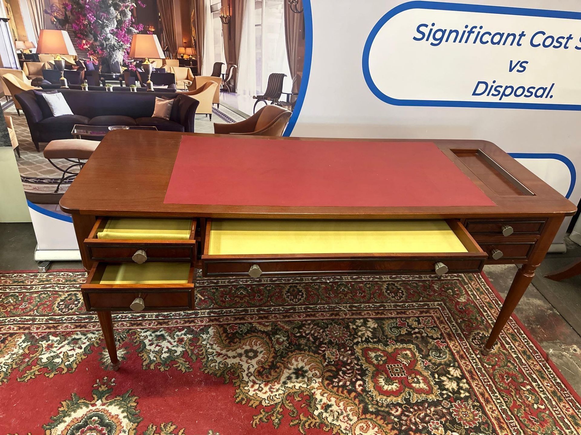 Bespoke For Mandarin Oriental London Writing Desk On Tapering Legs With Red Leather Inlay, 3 Lined - Image 2 of 4