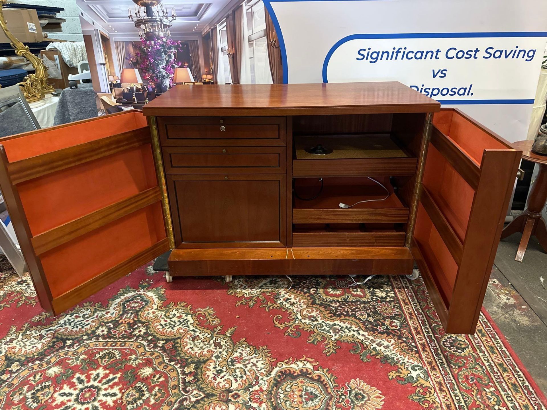 Wooden Carved Minibar Cabinet With Brass Detailing, Pull Out Soft Close Shelves, Drawers And Minibus - Image 2 of 6