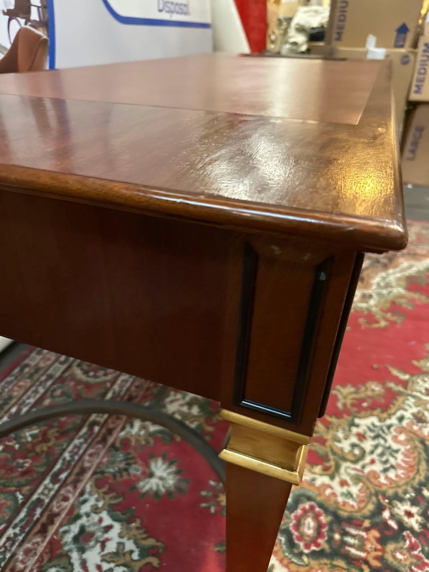 Writing Table With Leather Inlay, Soft Close Drawer On Tapering Legs And Brass Stretcher And - Image 5 of 8