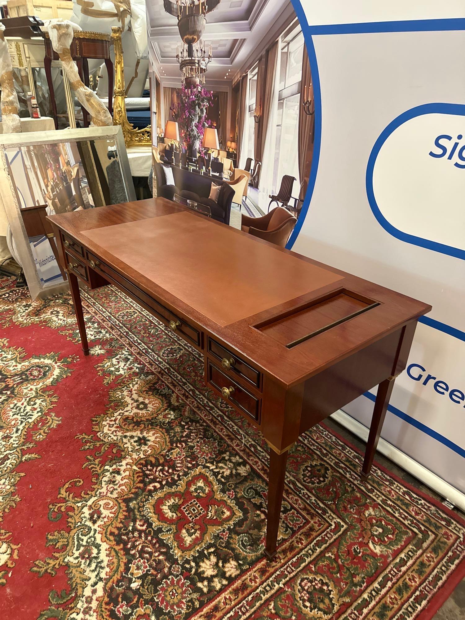 Bespoke For Mandarin Oriental London Writing Desk On Tapering Legs With Brown Leather Inlay, 3 Lined - Image 2 of 6