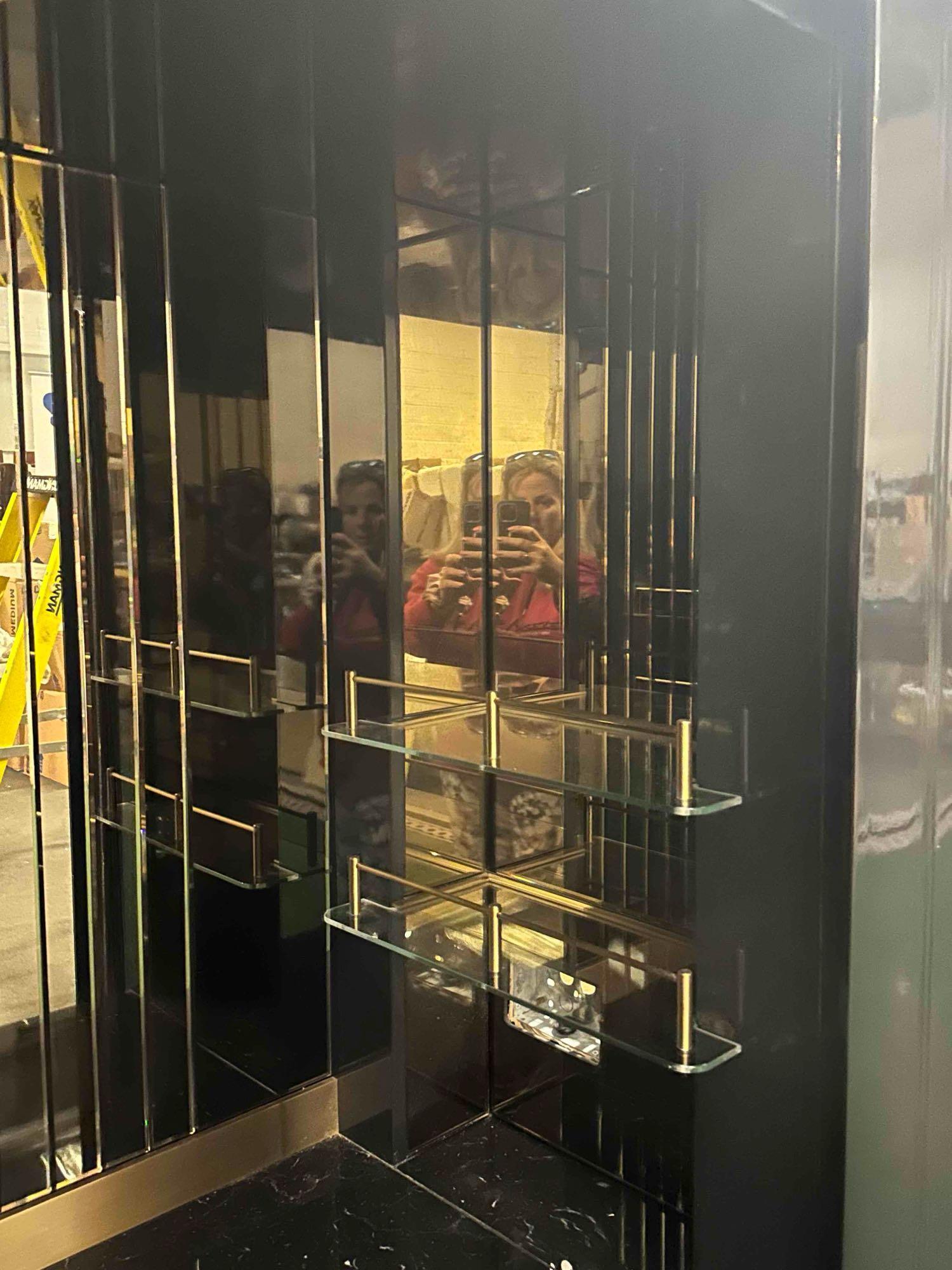 Black And Gold Cocktail Cabinet With Mirrored Back Drawers And Mini Bar Fridge Door, Glass And - Image 3 of 10