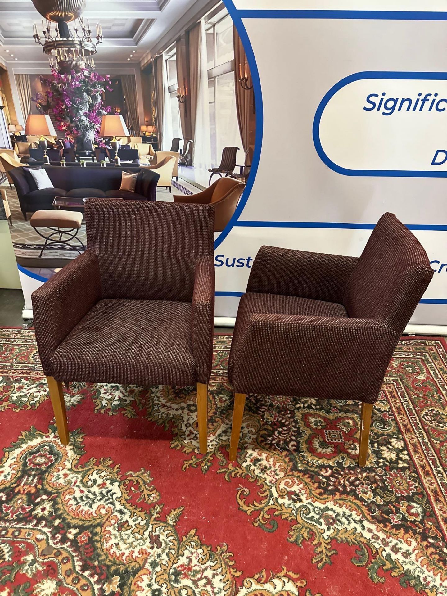 A Pair Of Upholstered Arm Chairs Straight Back With Tall Arms On Wooden Frame 60 x 46 x 80cm - Image 3 of 5