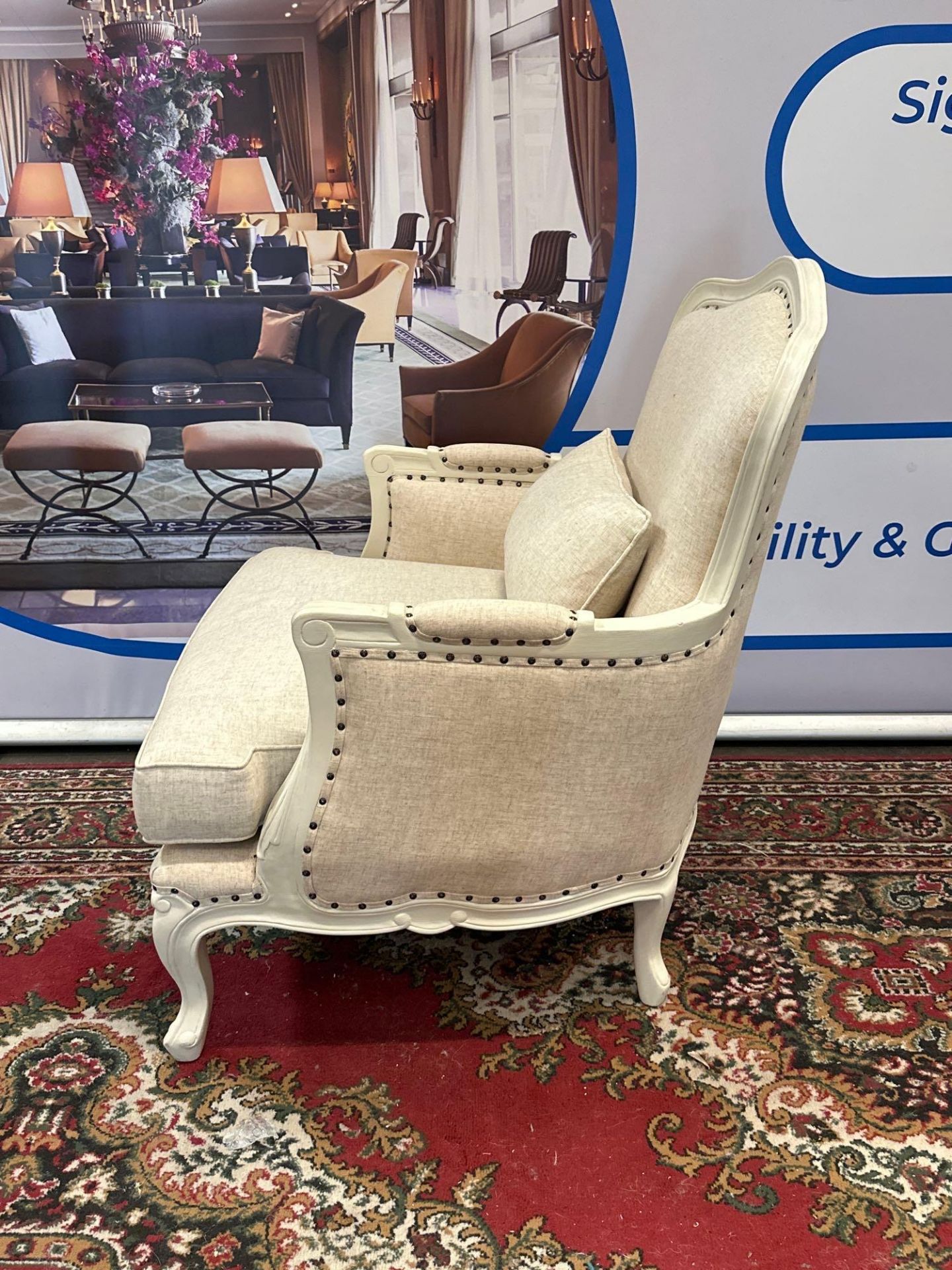 A Pair Of Bergere Chairs White Ornate Wood Frames Upholstered In Natural White Linen With Stud Pin - Image 3 of 4