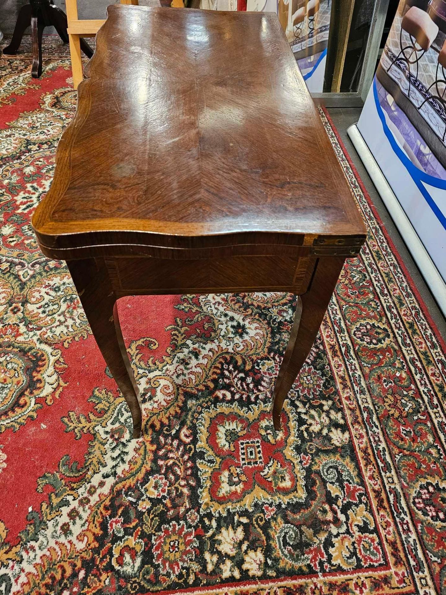 A George III Style Mahogany Serpentine Shape Top Card Table Mounted On Tapering Legs 85 x 43 x - Image 4 of 6