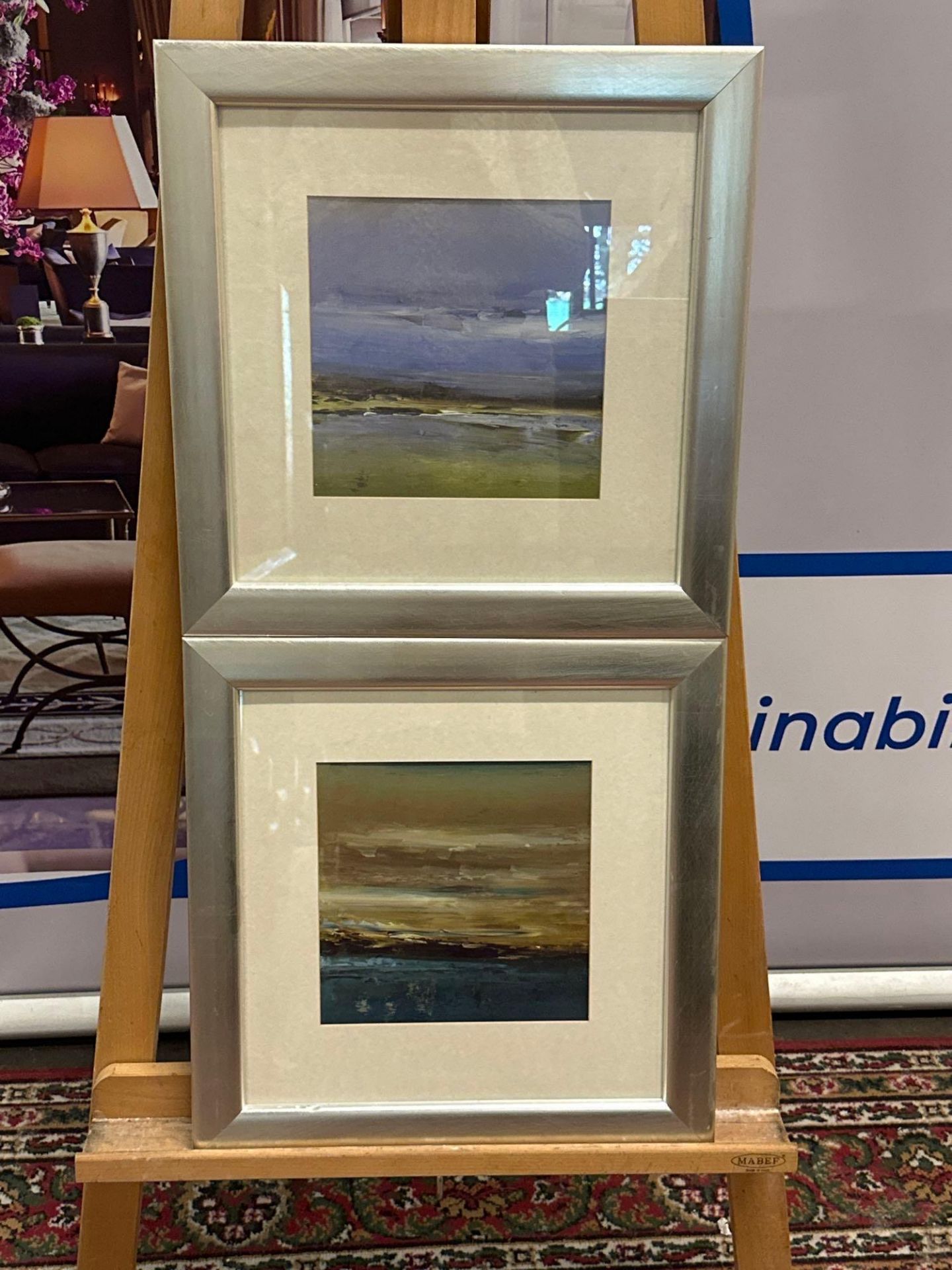 A Set Of 2 x Glazed And Framed Abstract Prints Mounted In A Cushioned Silver Frame 45 x 46cm (Ref