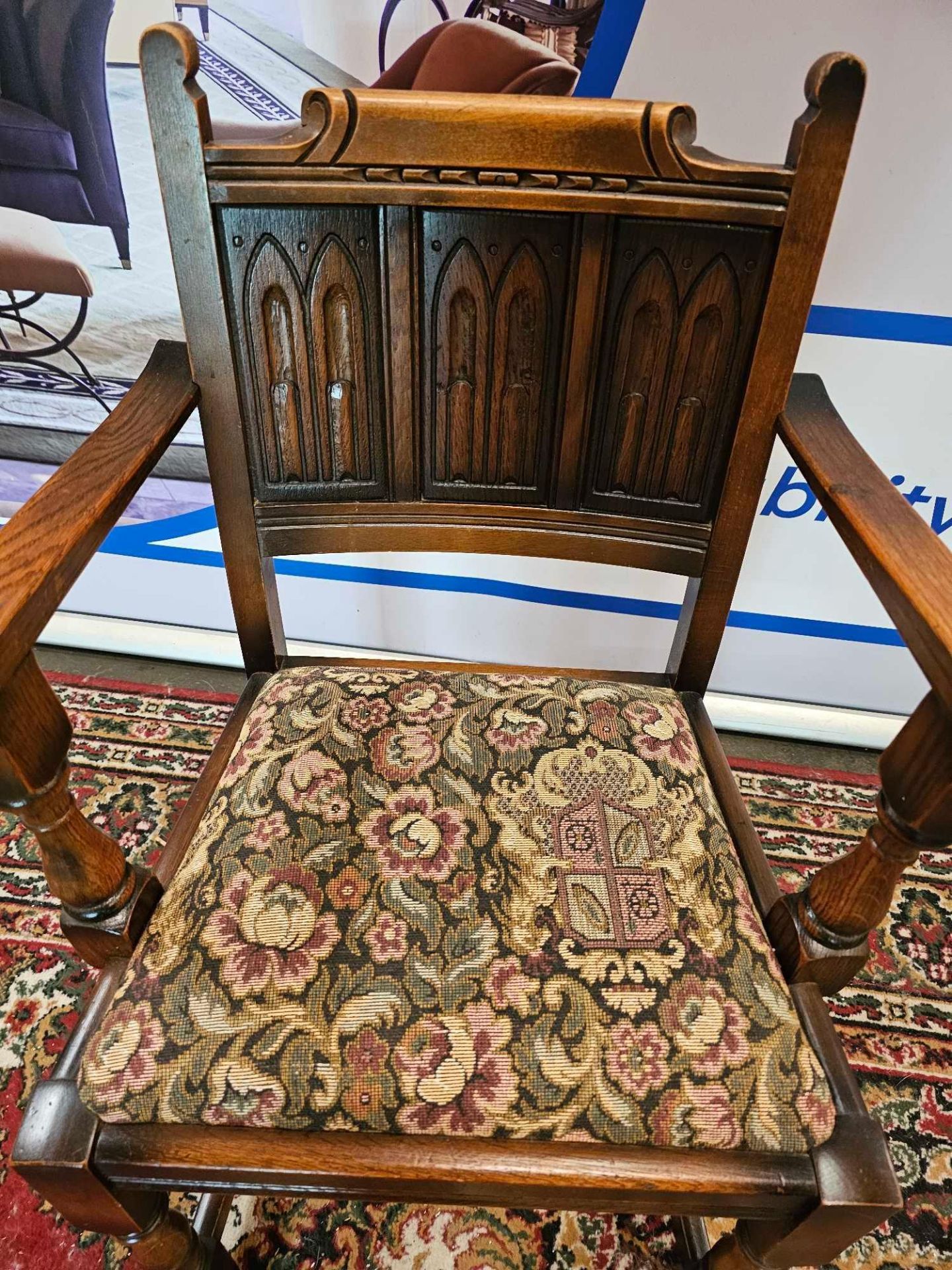 A Pair Of Oak Armchairs The Panelled Carved Back Below A Decorative Top Rail With A Tapestry - Image 6 of 6