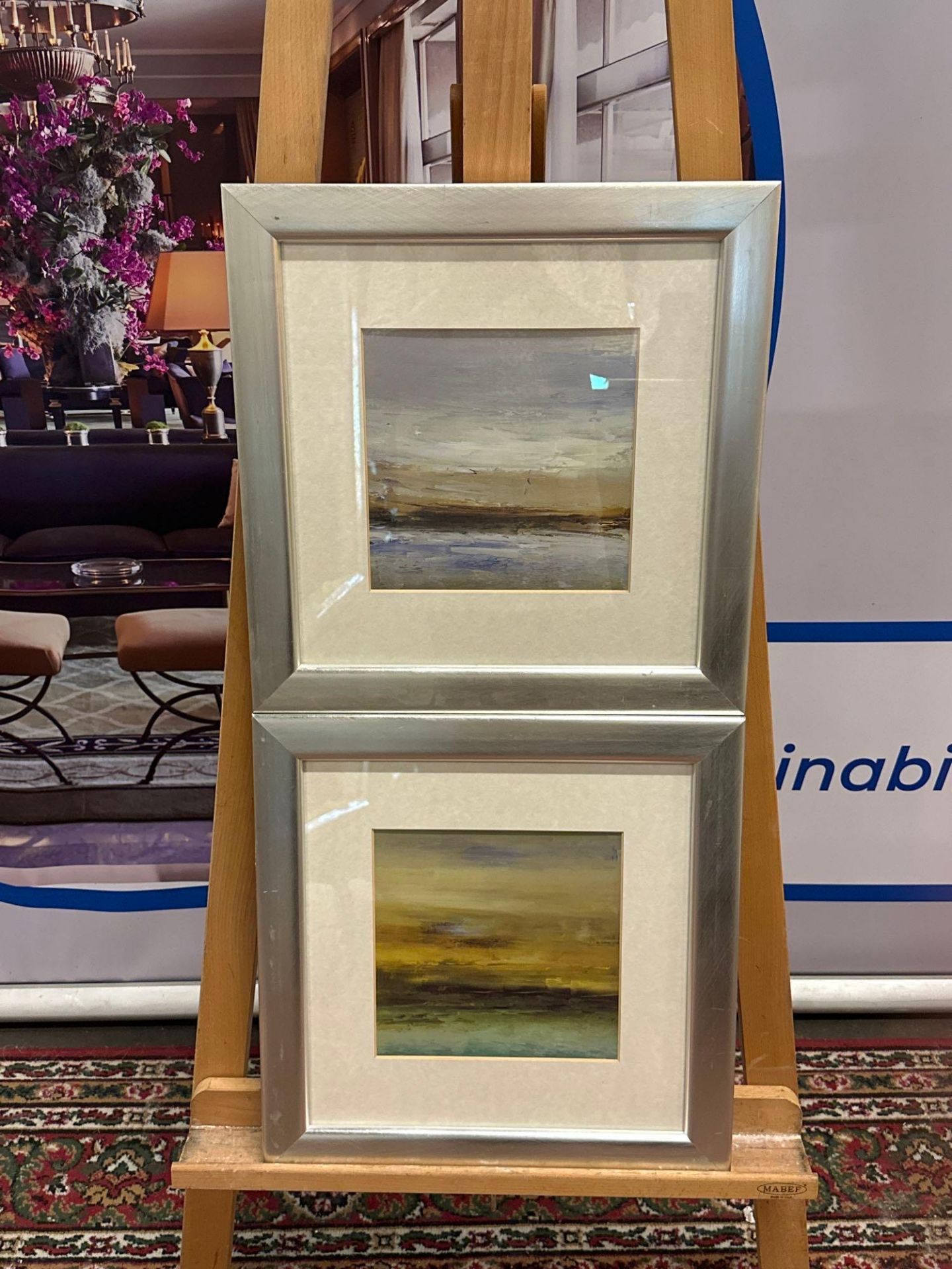 A Set Of 2 x Glazed And Framed Abstract Prints Mounted In A Cushioned Silver Frame 45 x 46cm (Ref