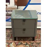 A Pair Of Modern, Retro Style Nightstand Tables Finished In A Storm Grey Lacquer With Satin Black