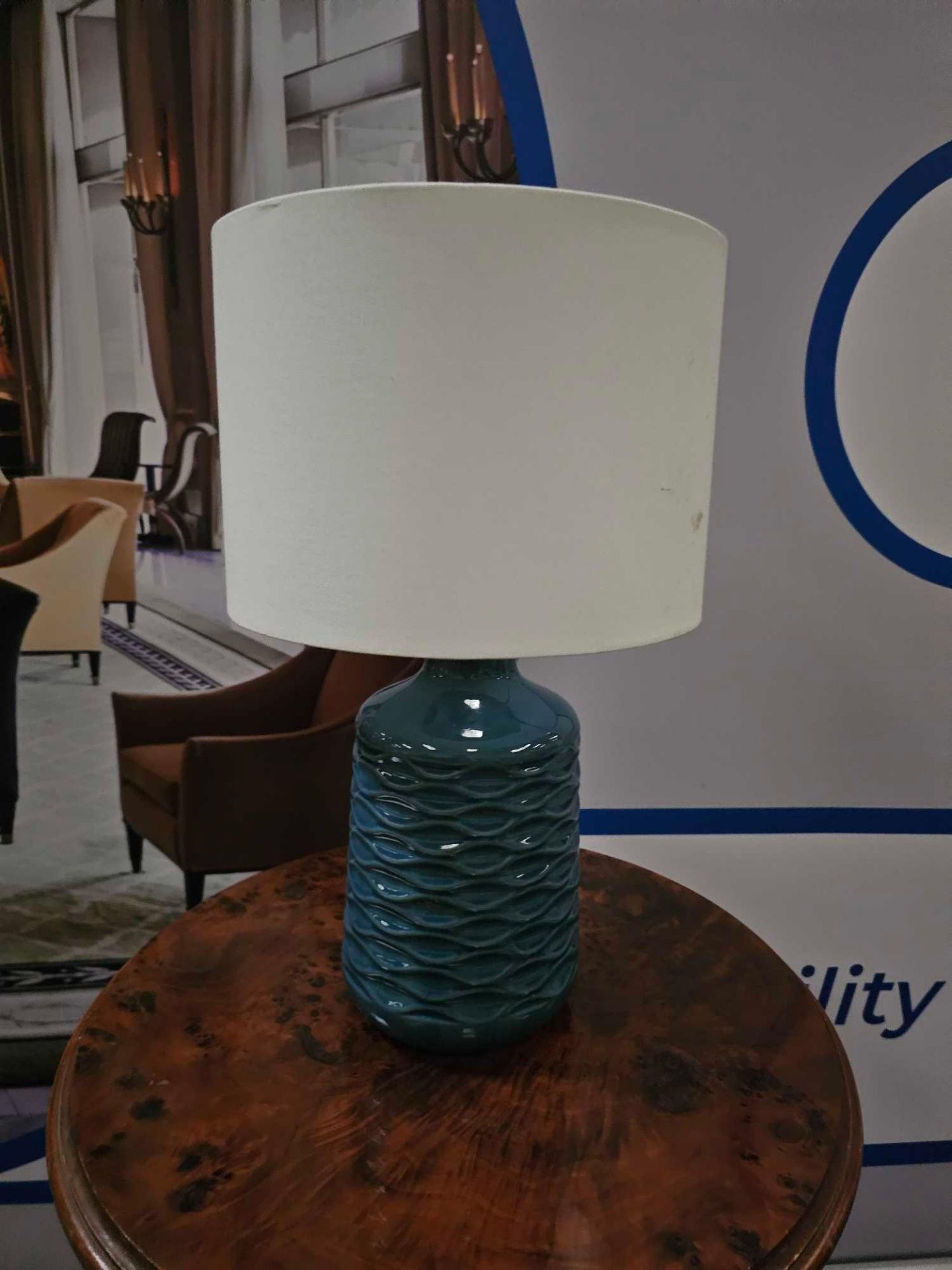 Annie Ceramic Table Lamp Blue With A Ceramic Base And Fabric Lampshade, This Table Lamp Offers A