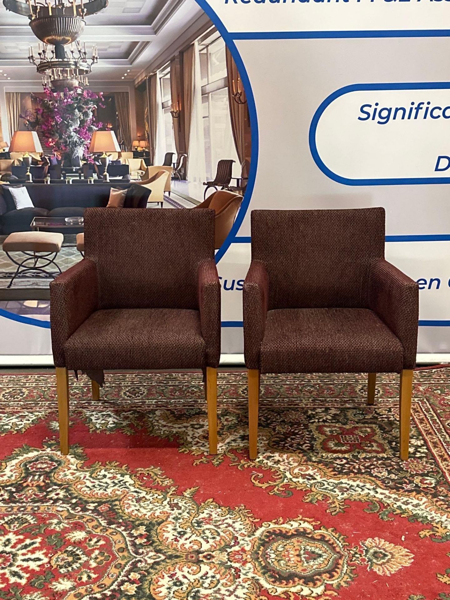A Pair Of Upholstered Arm Chairs Straight Back With Tall Arms On Wooden Frame 60 x 46 x 80cm