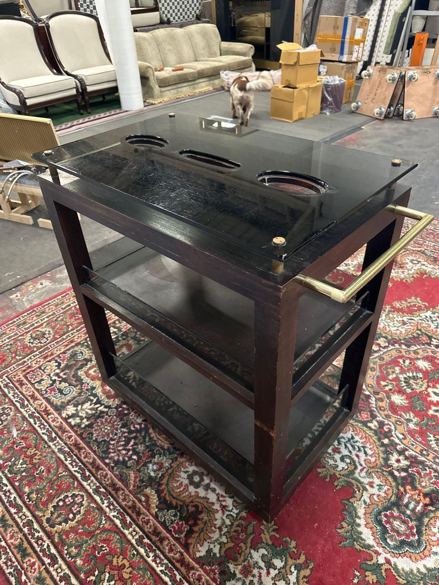 Mobile Mahogany Serving Trolley With Smoked Glass Top And Two Undertiers With Brass Handles 100 x 52 - Image 4 of 6