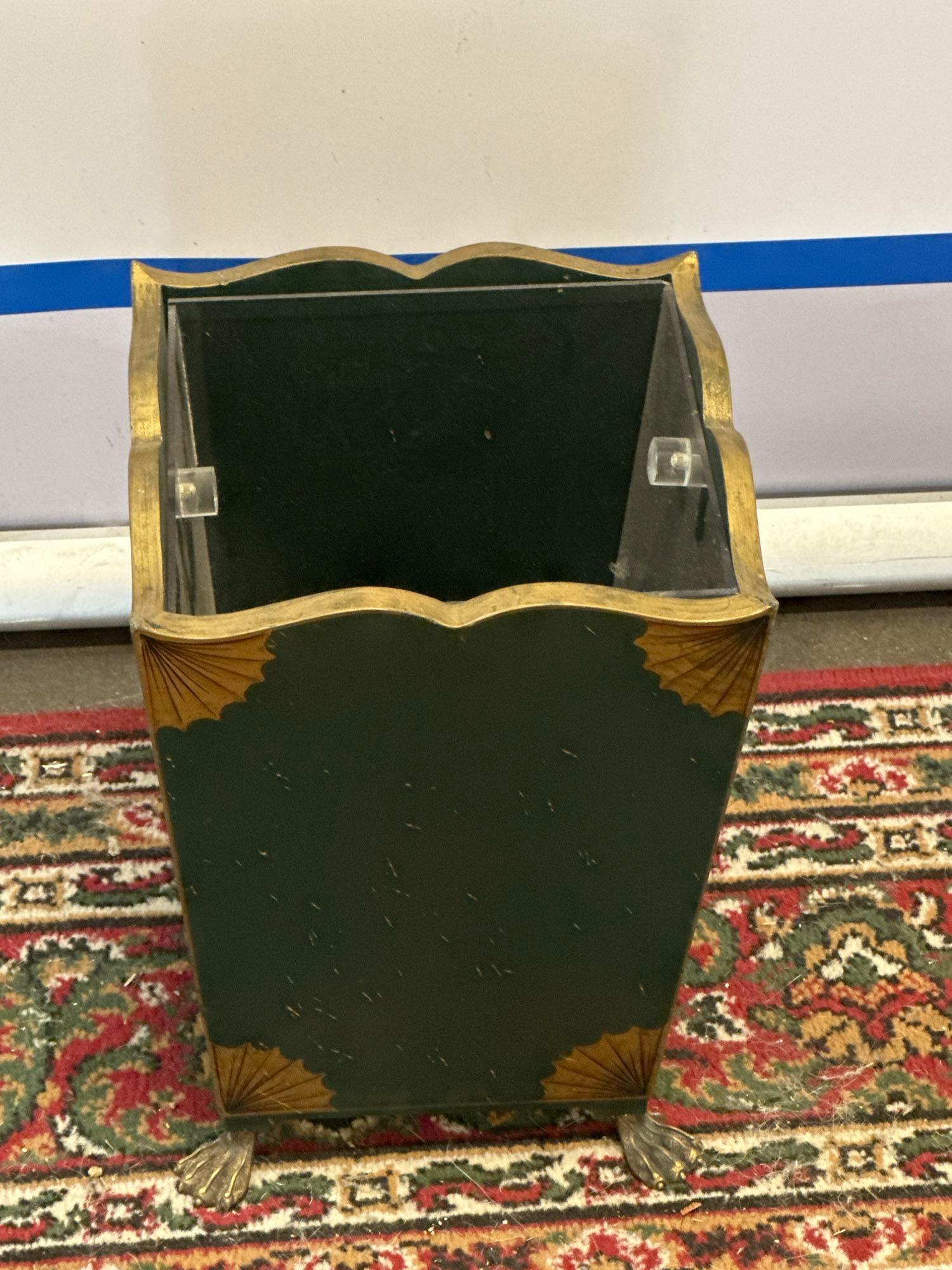 Green And Gold Wooden Waste Paper Bin Brass Lion Paw Feet With Plastic Liner 25 x 25 x 36cm