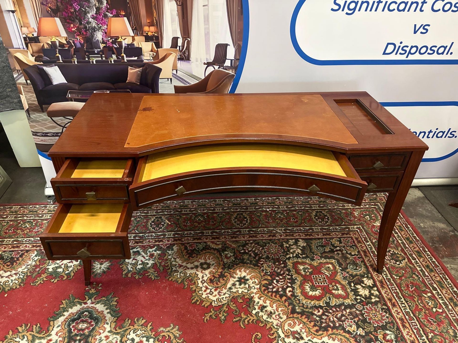 Bespoke For Mandarin Oriental London Writing Desk On Tapering Legs With Brown Leather Inlay, 3 Lined - Image 3 of 4