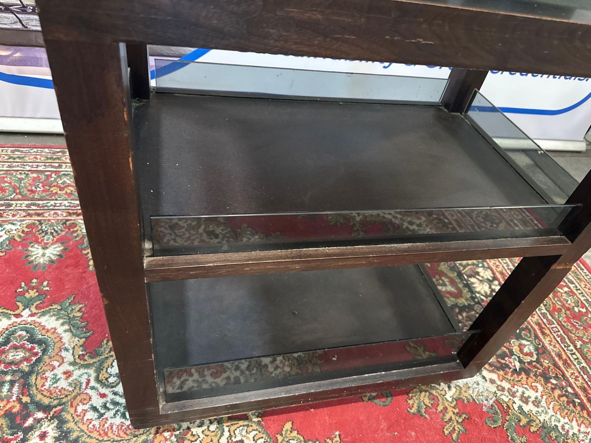 Mobile Mahogany Serving Trolley With Smoked Glass Top And Two Undertiers With Brass Handles 100 x 52 - Image 6 of 6