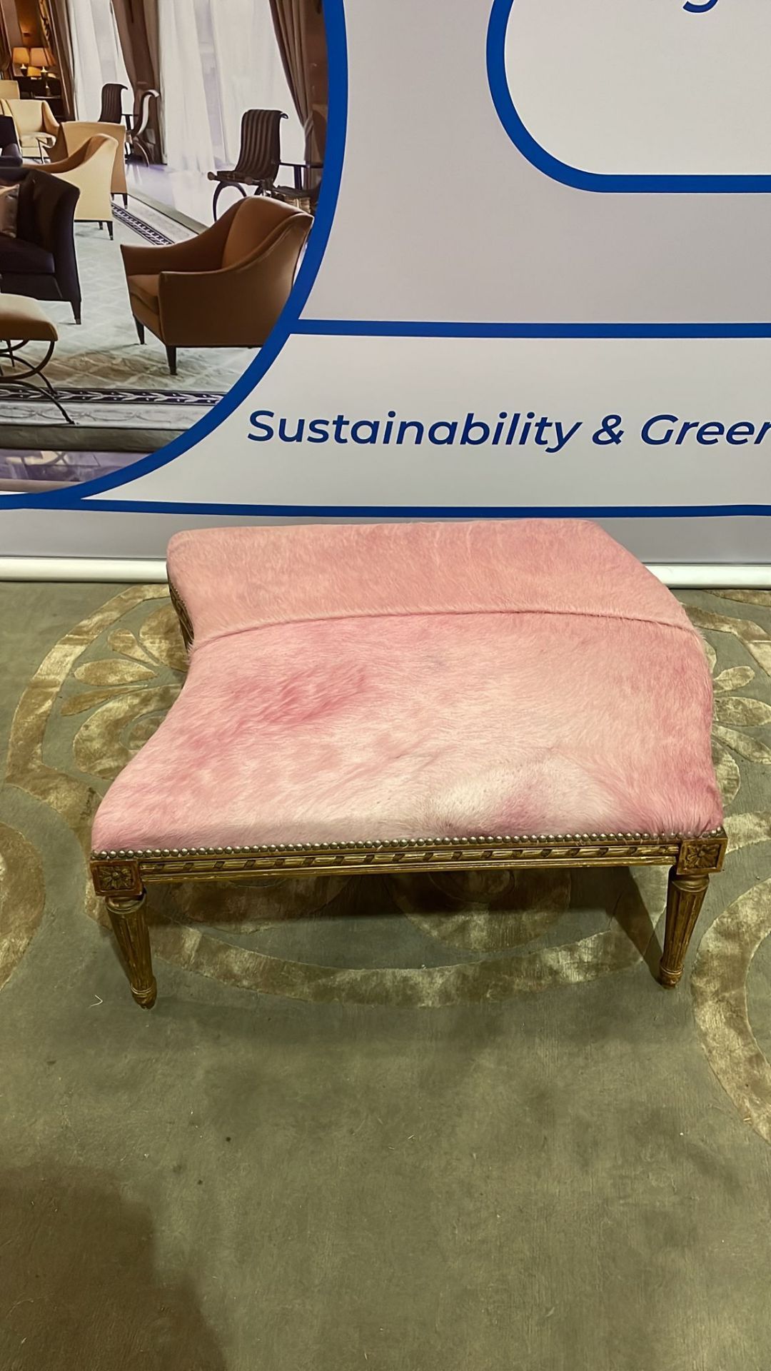 Foot Stool With A Padded Top Covered In Natural Dyed Hide And Brass Pin Detailing, This Gilt Wood