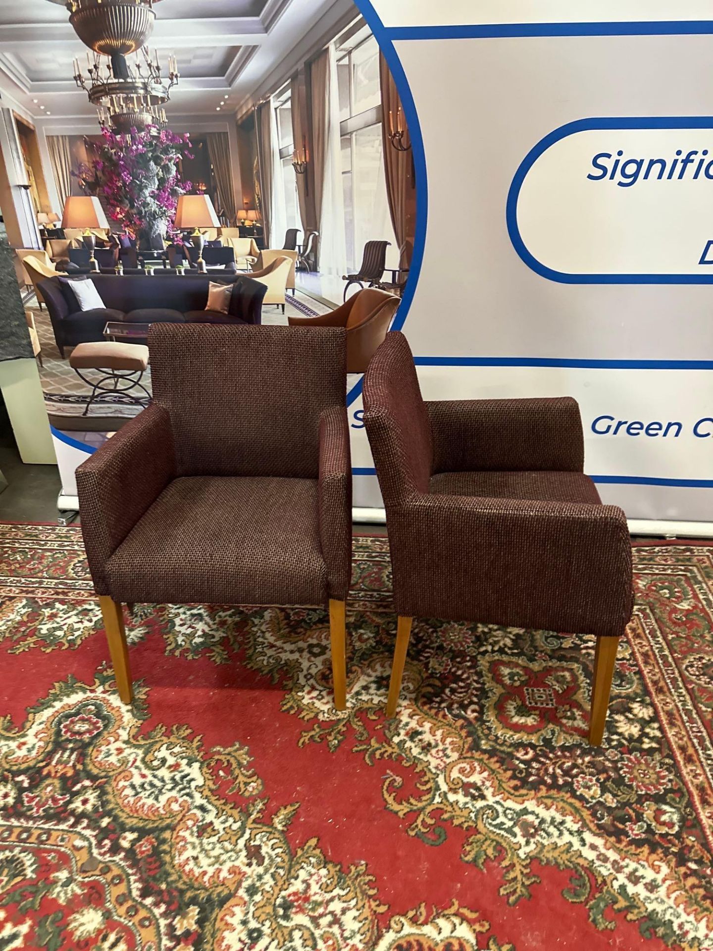 A Pair Of Upholstered Arm Chairs Straight Back With Tall Arms On Wooden Frame 60 x 46 x 80cm - Image 5 of 5