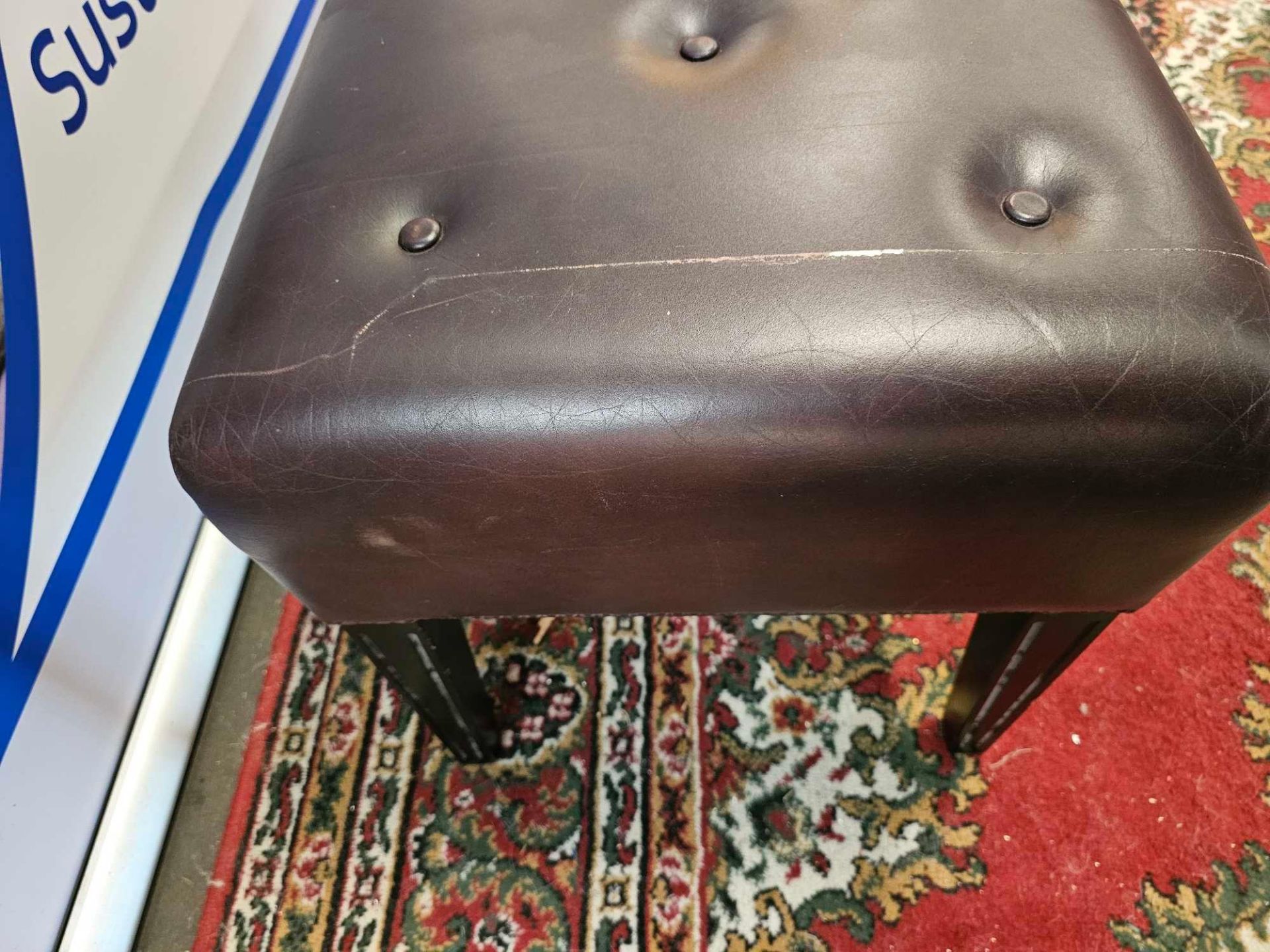 A Tufted Leather Dressing Bench On Hardwood Frame With Scroll Apron In Antique Brown Leather 100 x - Image 3 of 4