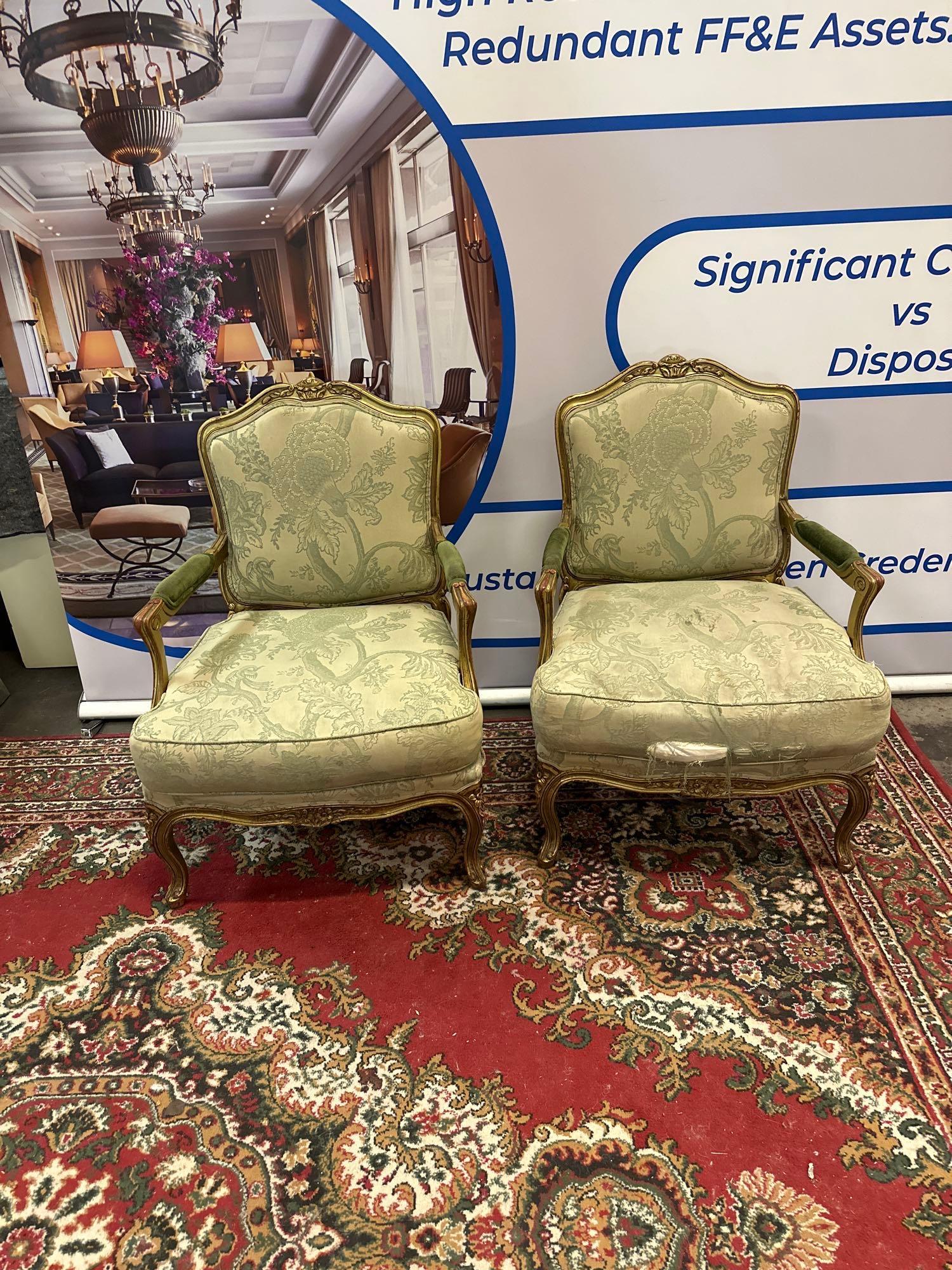 Pair Of French Late 19th Century Style Carved Giltwood Salon Arm Chairs. Each With Scrolling,